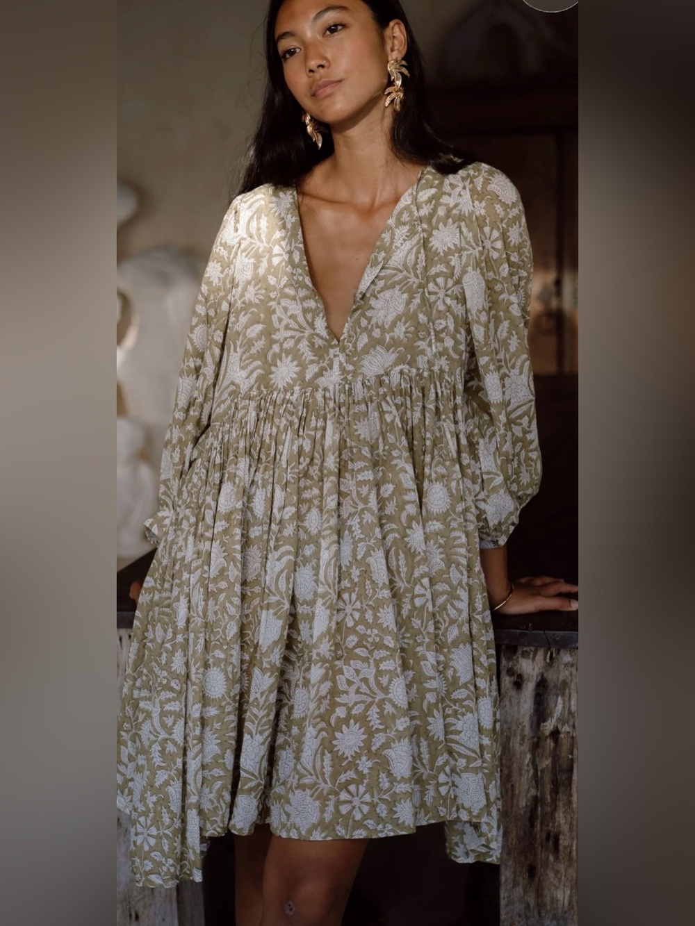 Daughters of India, large, Kyra Mini Dress in a green floral, 100% cotton